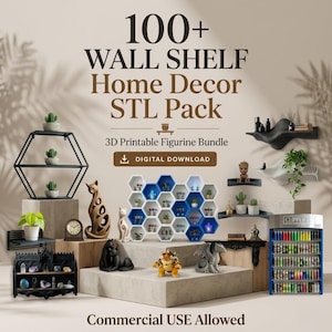 May include: A digital download pack featuring 100+ wall shelf STL files for 3D printing. The image displays various shelf designs, including hexagonal and wave-shaped wall mounts, alongside decorative figurines like cats, a dragon, and a turtle.