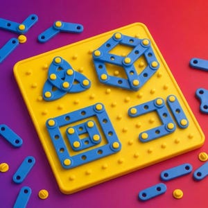 May include: A yellow square pegboard with a grid of raised circular studs, featuring various blue plastic construction bars and yellow connectors assembled into geometric shapes including a triangle, a hexagon, a square, and a U-shape.