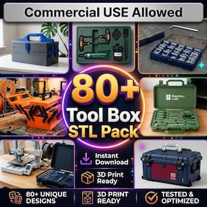 May include: A digital collection of 80+ tool box STL files for 3D printing. The image displays various tool box designs, including cantilever, hard-shell, and organizer cases, with text stating Commercial USE Allowed and 3D Print Ready.