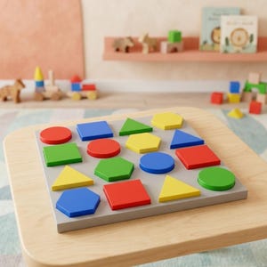 May include: A square gray wooden puzzle board featuring sixteen recessed slots containing various geometric shapes in red, blue, green, and yellow. The shapes include circles, squares, triangles, and hexagons, all arranged in a four-by-four grid pattern.