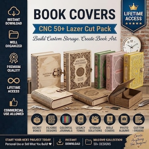 May include: A digital collection of 50+ laser cut book cover designs for CNC projects. The image displays various wooden book-shaped storage boxes with intricate filigree patterns, metal latches, and text including Ancient Mysteries and Secret Storage Container.