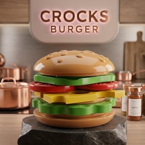 May include: A stackable burger-shaped object featuring a tan bun top, green lettuce layers, a red tomato slice, and a yellow cheese slice. The object is positioned on a dark, rough-hewn stone base beneath a sign that reads CROCKS BURGER.