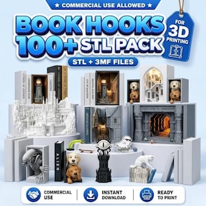 May include: A digital collection of 100+ STL and 3MF files for 3D printing book hooks. The image displays various miniature book nook inserts featuring detailed scenes like a lighthouse, a fantasy castle, a stone archway, and animal figures.