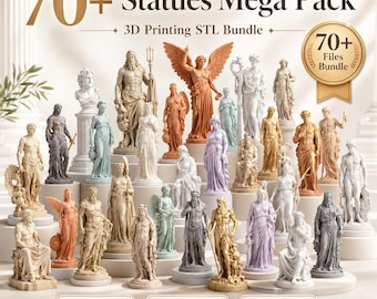 May include: A collection of over 70 miniature classical statues in various colours including white, gold, blue, and terracotta. The image features the text 70+ Statues Mega Pack, 3D Printing STL Bundle, and icons for STL files, instant download, and easy to print.