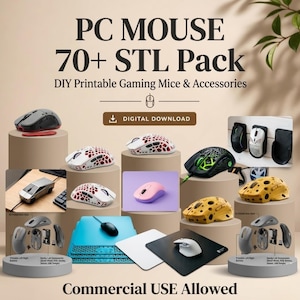 May include: A digital download pack featuring 70+ STL files for DIY printable gaming mice and accessories. The image displays various mouse designs with honeycomb shells, solid casings, and mouse pads in colors like white, yellow, pink, and black.