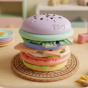 以下が含まれることがあります： 黒い種のような模様と側面にEtsyの文字が刻印された、ライトパープルのバンズが特徴の積み重ね可能なハンバーガーのおもちゃ。ライトグリーン、ブルー、ピーチ、ホワイト、イエローの層で構成されており、様々な食材を表現しています。