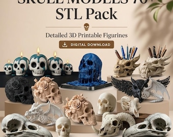 May include: A digital download pack containing over 70 3D printable skull models, featuring various designs including skulls with roses, dragon-shaped pen holders, bird skulls, and horned animal skulls in black, white, and blue finishes.