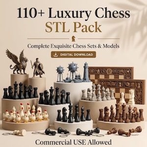 以下が含まれることがあります： 110種類以上のLuxury Chess STL Packデジタルファイルコレクション。様々なチェスセットやモデルが含まれています。鶏、戦士、灯台などのテーマ別駒や、黒、白、茶色の標準的なチェスセットが展示されています。