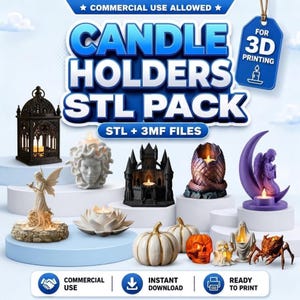 Könnte beinhalten: Eine digitale Sammlung von Kerzenhalter-Designs für den 3D-Druck mit der Aufschrift CANDLE HOLDERS STL PACK, die verschiedene Modelle wie eine gotische Laterne, Medusa-Kopf, Burg, Drachenei, Engel auf Mond, Lotus, Kürbisse, Totenkopf und Spinne zeigt.