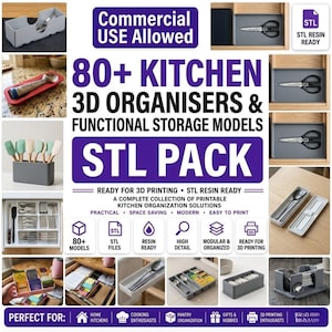 May include: A digital collection of 80+ kitchen 3D organizers and functional storage models in STL format. The image displays various gray plastic drawer inserts, utensil holders, and tray organizers holding kitchen tools like scissors and spoons.
