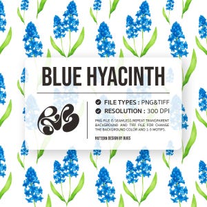 Könnte beinhalten: Ein nahtloses Muster mit blauen Hyazinthenblüten und grünen Blättern auf weißem Hintergrund. Das Bild enthält einen Text "BLUE HYACINTH" sowie Informationen zu Dateityp und Auflösung.