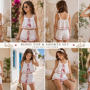 Pode incluir: Um conjunto de duas peças em crochê branco composto por um top curto sem mangas e calções a combinar. O conjunto apresenta borlas decorativas vermelhas e uma bainha recortada com rebordo vermelho. Texto: BOHO TOP & SHORTS SET CROCHET PATTERN.