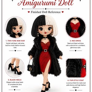 Peut inclure: Une poupée amigurumi avec des cheveux au carré bicolores noir et blanc, portant une robe rouge fendue, un manteau en fausse fourrure noire et des talons noirs à bride. La poupée tient un petit sac noir et porte le texte : Fashion Diva Amigurumi Doll.