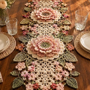 Peut inclure: Un long chemin de table en crochet orné de grands motifs floraux superposés roses et blancs, de feuilles vertes détaillées et de petites fleurs roses et orange. Le design textile intègre des motifs ajourés délicats et des pétales texturés.