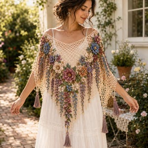 Può includere: Uno scialle all'uncinetto beige caratterizzato da un intricato motivo a rete aperto, decorato con applicazioni floreali multicolori nelle tonalità del rosa, blu e viola. Il capo triangolare presenta nappe pendenti agli angoli.