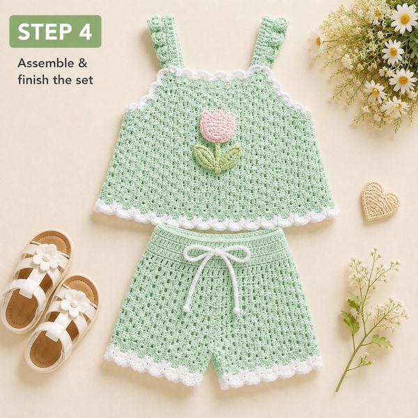 Haakpatroon voor een baby meisjes topje met tulpenprint en shortje, boho zomeroutfit (PDF-download)