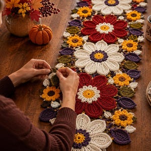 Op de afbeelding: Een lange, rechthoekige gehaakte tafelloper met een herhalend patroon van grote crèmekleurige en donkerrode bloemen met gele harten, afgewisseld met kleinere gele bloemen en donkerpaarse bladeren, vervaardigd in een textuurrijk garen.