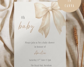 Puede incluir: Una tarjeta de invitación rectangular para baby shower con un gran lazo beige en acuarela en la parte superior. El texto dice: Oh baby, Please join us for a baby shower in honour of Amelia, Saturday 27th June @ 2pm, The Royal Oak, Burnham, RSVP 01234 567890.