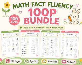 100 Pages Kindergarten Math Worksheet Mega Bundle, Single Digit Addition Subtraction Practice, Missing Number, Printable PDF Drill