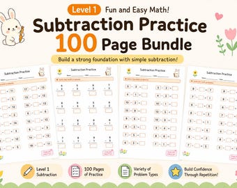 Cute Kindergarten Math Workbook, 100 Page Subtraction Practice Bundle, 1st Grade Math Fact Fluency Drills, Homeschool Printable PDF