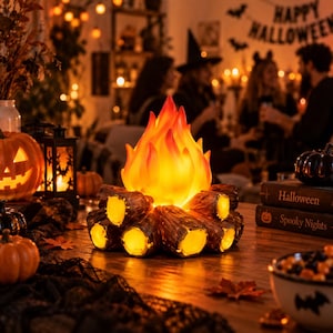 Può includere: Una lampada decorativa a forma di falò composta da un mucchio di tronchi scolpiti marrone scuro con centri gialli luminosi e una fiamma traslucida arancione e gialla che emette una luce calda su un tavolo con decorazioni di Halloween.