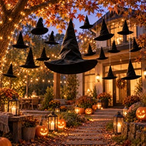 Hanging Halloween Witch Hats, Floating Black Wizard Hat Decorations, Outdoor/Indoor Porch Decor, Spooky Fall Party Decor, Witchy Home Decor