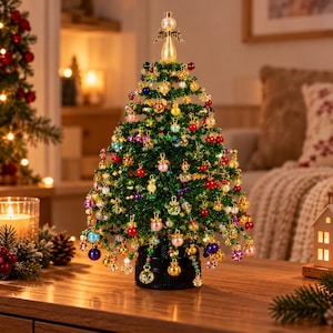 Può includere: Un albero di Natale da tavolo realizzato con filo di perline verdi, decorato con numerosi ornamenti in vetro multicolore e simil-perla. L'albero è sormontato da una figura di angelo dorata e poggia su una base circolare nera.