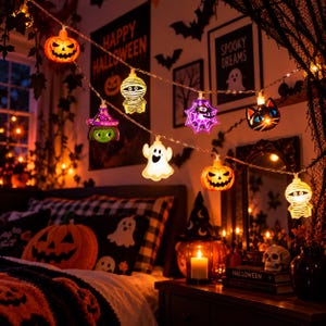 Peut inclure: Une guirlande lumineuse LED sur le thème d'Halloween avec des figurines éclairées, notamment des citrouilles orange, une momie blanche, une sorcière violette, une araignée dans sa toile, un fantôme blanc et un visage de chat noir, reliés par un fil fin.