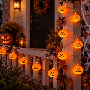 May include: A string of orange pumpkin-shaped LED lights featuring black jack-o'-lantern facial expressions. The glowing lights are connected by a clear wire and are draped around a white wooden porch post decorated with autumn leaves.