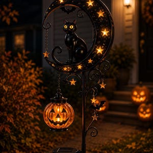 May include: A black metal garden stake featuring a crescent moon silhouette adorned with glowing yellow stars and a black cat sitting in the center. A hanging orange jack-o'-lantern lantern illuminates the base, accented by small bats and stars.