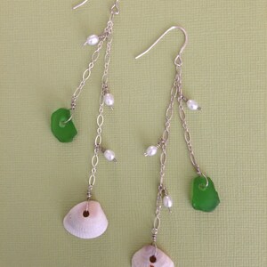 Sterling Shell, Pearl, and Beach Glass Earrings