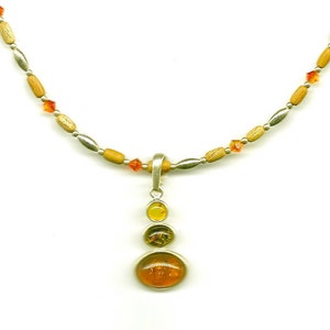 Wood and Orange Crystal Necklace with a Sterling, Yellow, Orange, and Green Pendant