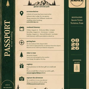 Könnte beinhalten: Eine Hochzeitseinladung im Reisepass-Design in Dunkelgrün und Creme mit Bergillustrationen, dem Text PASSPORT to our wedding, Details zur Williams-Anderson-Veranstaltung in der Jackson Lake Lodge und dem Datum 08 28 26 mit einem Strichcode.
