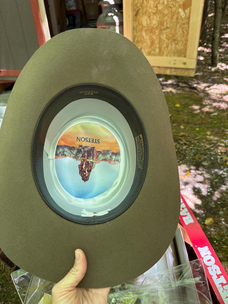 May include: A Stetson cowboy hat in a muted olive green color. The hat's interior features a colorful image and the Stetson logo. The brim is wide, and the hat appears to be made of felt or a similar material. The hat is being held by a person.