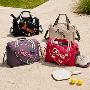 Personalized Pickleball Bag with Shoe Compartment, Custom Tennis Duffel Bag, Monogrammed Sports Bag with Cute Patches