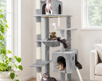 Large Cat Tree, Heavy Duty 70 Inch Cat Tower, Sturdy Condo, Hammock, Scratching Posts, Modern Furniture
