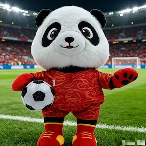 Könnte beinhalten: Ein Panda-Maskottchen in einem roten Fußballtrikot, das einen Fußball hält. Der Panda hat ein weißes Gesicht mit schwarzen Markierungen um die Augen und Ohren. Das Trikot umfasst ein Trikot, Shorts und Socken, alles in Rot.