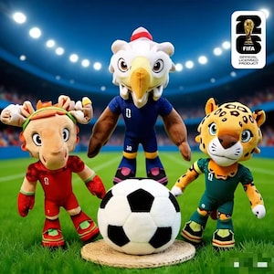 Op de afbeelding: Drie pluche mascottes, een eland, een adelaar en een jaguar, staan met een voetbal op een groen veld. De mascottes dragen sportuniformen. De voetbal is zwart en wit. Het FIFA-logo staat rechtsboven.