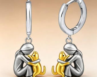 Collana e orecchini divertenti con ragazza che abbraccia cane e gatto, gioielli per amanti degli animali, regalo minimalista in argento sterling placcato in memoria di animali domestici