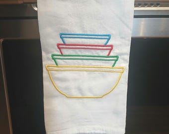 Pyrex-Inspired Embroidered Kitchen Towel: Primary Colors Stacked Bowls