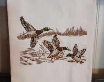 Mallard Ducks Flying Embroidered Kitchen Towel