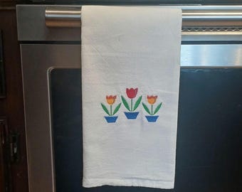 Embroidered Kitchen Towel Inspired by Fire King Tulips Pattern