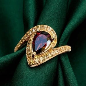 Vintage Pear Red Garnet Diamond Bypass Teardrop Ring 14K Yellow Gold Silver Anniversary Gift
