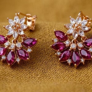 Women's Marquise Pink Ruby Earrings, 14K Yellow Gold Plated Anniversary Gift for Her