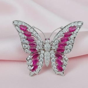 Exquisite Pave Ruby and Diamond Accents Women's Butterfly Brooch Pin 14K Gold Plated