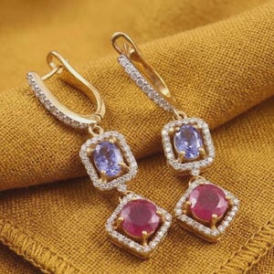 Tanzanite and Pink Ruby Drop Earrings, 14K Yellow Gold Plated Wedding Gift for Her
