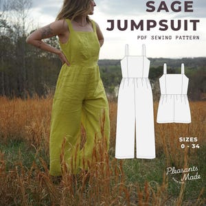 Peut inclure: Un combishort vert sauge avec des jambes larges, un décolleté carré et de fines bretelles. L'image comprend un patron de couture PDF avec un dessin au trait du combishort et le texte "SAGE JUMPSUIT PDF SEWING PATTERN" et "TAILLES 0-34".