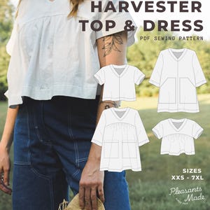 Könnte beinhalten: Ein PDF-Schnittmuster mit dem Titel Harvester Top & Dress, das ein weißes Oberteil mit V-Ausschnitt und Strichzeichnungen von vier Kleidungsvarianten zeigt. Der Text umfasst Harvester Top & Dress, PDF Sewing Pattern, Sizes XXS - 7XL und Pleasants Made Since 2023.