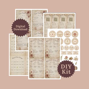 May include: A digital download DIY kit featuring printable pages for a blind date with a book. The set includes rating cards, bingo sheets, bookmarks with QR codes, and circular stickers with text like Do Not Peek, Book Date Inside, and Sealed for Suspense.