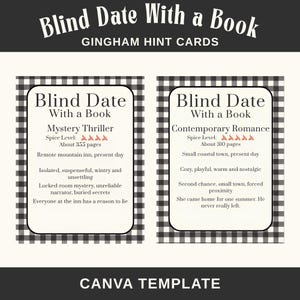 May include: Two rectangular Blind Date With a Book Gingham Hint Cards featuring black and white checkered borders. The cards display text details for a Mystery Thriller and a Contemporary Romance, including page counts and spice level icons.